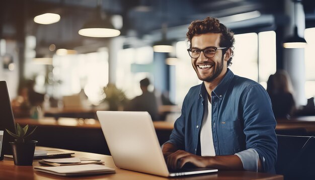 Empresário sorridente sentado em um restaurante trabalhando em um laptop