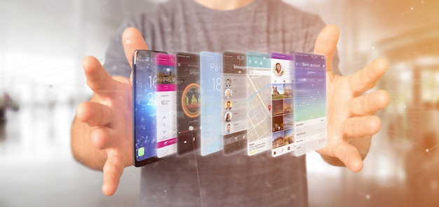 Foto empresario sosteniendo 3d plantilla de aplicación de representación en un teléfono inteligente