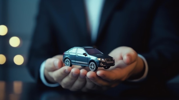 Empresario sosteniendo un coche pequeño en la mano