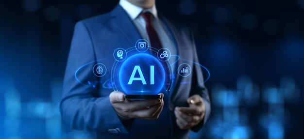 Empresario sosteniendo un teléfono inteligente con íconos de inteligencia artificial en la pantalla