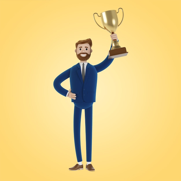 Empresario sostiene una copa de oro en la mano Concepto de victoria y éxito El mejor empleado del año Ilustración 3D