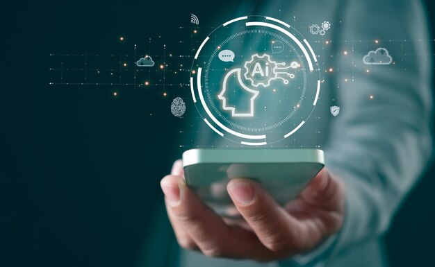 Empresario sostiene un teléfono inteligente y muestra cerebro de IA Muestra red de cerebro de IA en análisis de negocios símbolo de aprendizaje automático inteligencia artificial de la tecnología del futuro
