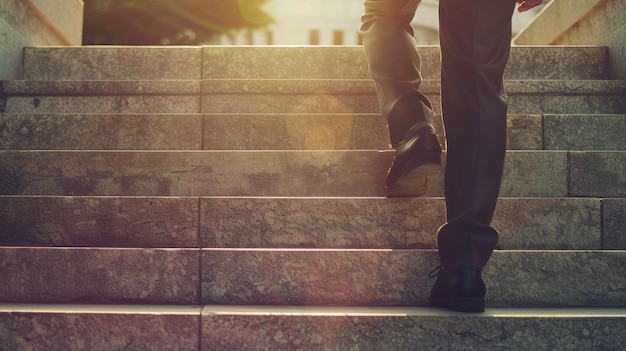 Foto empresario subiendo con confianza las escaleras del éxito en un cálido entorno urbano iluminado por el sol