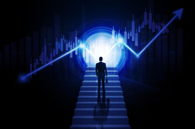 Empresario subiendo las escaleras hacia el éxito digital y el crecimiento del mercado bursátil