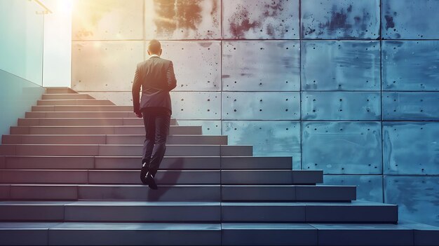 Foto empresario subiendo las escaleras del éxito