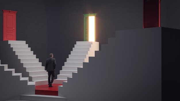 empresario subiendo las escaleras hasta la puerta del concepto de éxito y logro de oportunidad