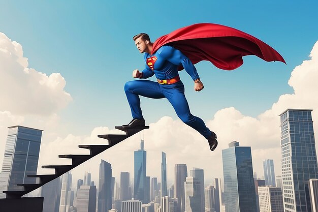 Empresario superhéroe fly pass empresario subiendo la escalera concepto de competencia de negocios