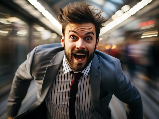 Empresário surpreso em um trem do metrô IA generativa
