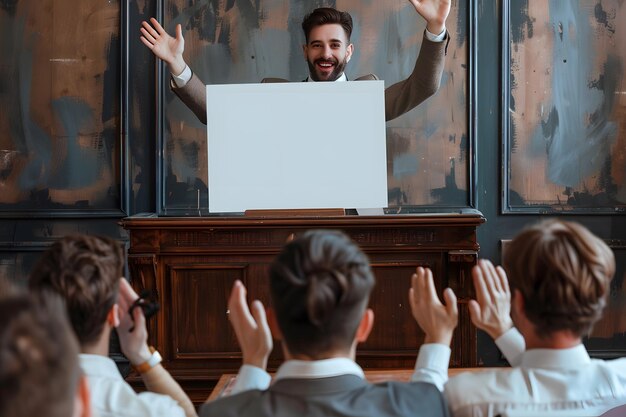 Foto empresario con una tabla blanca y sonriendo frente a sus colegas