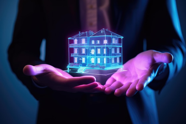 Empresario con una tableta digital y un holograma de edificios modernos AI Generative