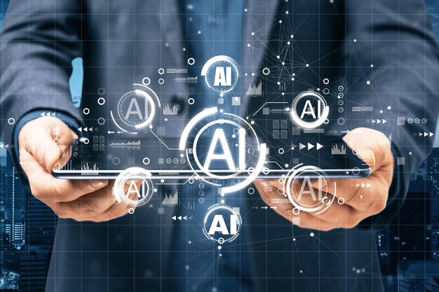 Empresario con una tableta en la mano con un holograma de IA en un fondo borroso Inteligencia artificial tecnología de AI y concepto de comunicación Exposición doble