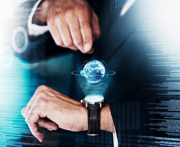 Empresario con tecnología futura de holograma terrestre y tiempo con espacio y software de computadora de superposición digital y conexión 3d Servidor de metaverso y grandes datos de tecnología futurista global y mundo virtual