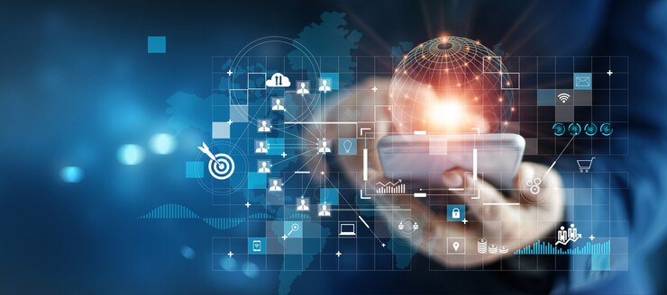 Foto empresario con teléfono inteligente móvil en la conexión de red global de inversores y clientes