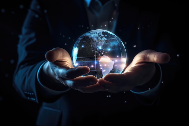 El empresario tiene un holograma del globo terráqueo en la mano AI