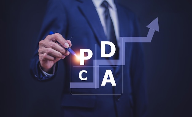 El empresario toca el concepto PDCA El concepto o plan PDCA comprueba el concepto de gestión empresarial de acción