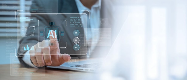 Empresario tocando el aprendizaje automático de IA en pantalla virtual con grandes datos Desarrollo de negocios globales Marketing digital y análisis de datos financieros con tecnología de IA