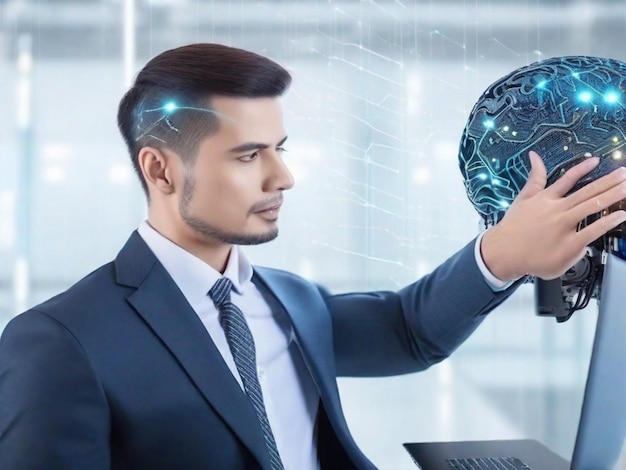 Foto empresario tocando el cerebro trabajando de inteligencia artificial