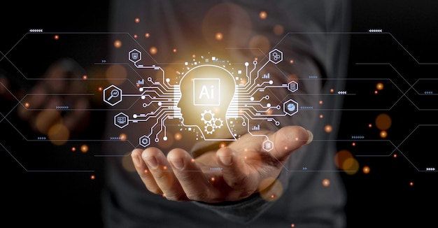 Empresario tocando el chatbot digital para proporcionar acceso a información y datos en aplicaciones de red en línea y conexión global AI Innovación y tecnología de inteligencia artificial