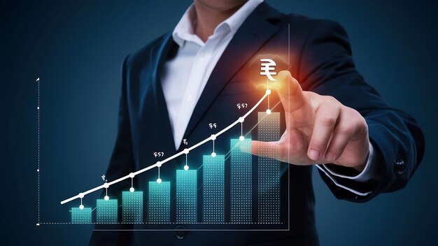 Foto empresário tocando gráfico de finanças com sinal de rupia boa pontuação de crédito associado investimento bancário e