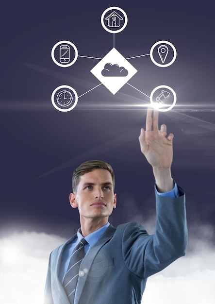 Empresário tocando ícones de conexão contra nuvens