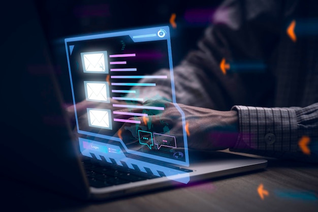 Empresário tocando laptop com e-mail aberto recebendo alertas de notícias de e-mail comercial Publicidade enviando e enviando mensagens ao cliente tecnologia digital on-line lembrete de negócios de venda diretax9
