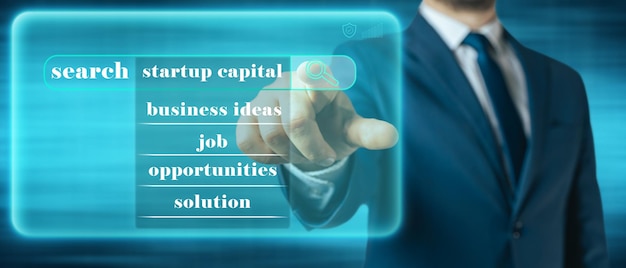 Empresário tocando o botão virtual na barra de pesquisa com oportunidades de ideias de negócios de capital de inicialização de texto e emprego