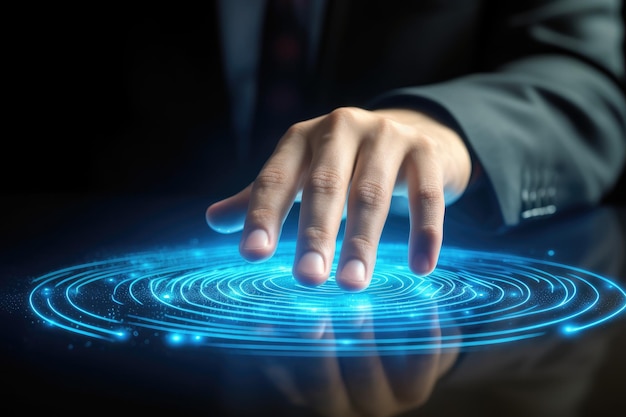 Empresário tocando tela de holograma com conceito de conexão global em fundo escuro Empresário mão tocando ícone de impressão digital na tela virtual Tecnologia e conceito de internet AI gerado