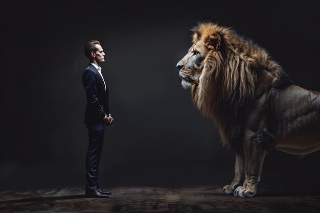 Foto empresario de toda la longitud frente al león en la oscuridad