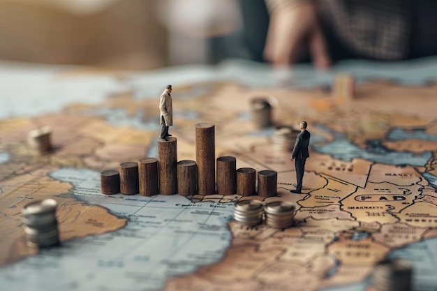 Foto empresario tomando decisiones en el mapa del mundo con gráfico de barras