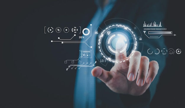 Empresario toque con el dedo icono de IA Estrategia de tecnología de transformación digital Internet de las cosas transformación de la tecnología en la mejora de los negocios Desarrollo de aprendizaje automático Futurista