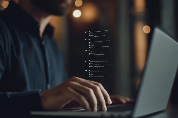 Empresario trabajando en una computadora portátil con concepto de lista de comprobación