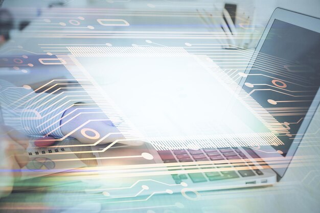 Empresario trabajando en una computadora portátil con dibujo temático de tecnología Concepto de big data Doble exposición