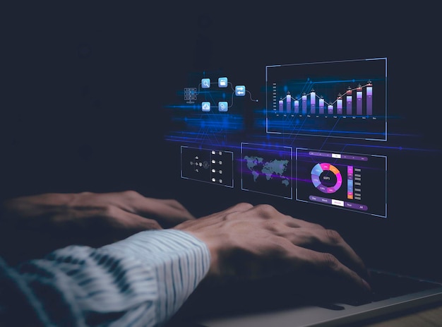 Foto empresário trabalhando com análise de negócios e sistema de gerenciamento de dados em gerenciamento de documentos on-line de computador e métricas conectadas ao banco de dados estratégia corporativa para vendas de operações financeirasx9