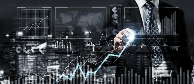 Empresário trabalhando com gráfico de negócios de finanças digitais de tecnologia perceptiva