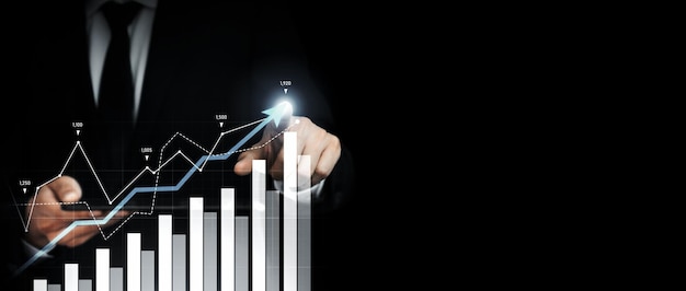 Empresário trabalhando com gráfico de negócios de finanças digitais de tecnologia perceptiva