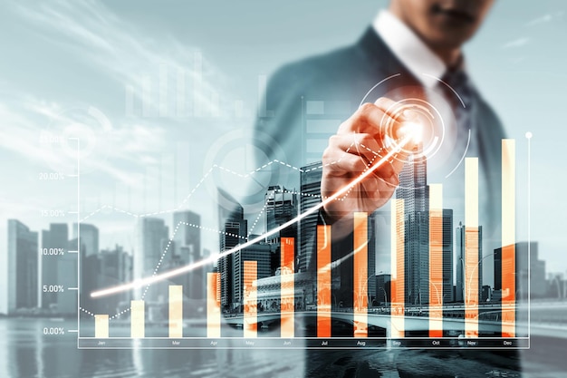 Empresário trabalhando com gráfico de negócios de finanças digitais de tecnologia perceptiva