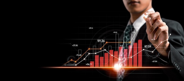 Empresário trabalhando com gráfico de negócios de finanças digitais de tecnologia perceptiva