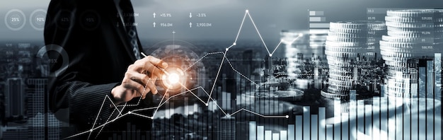 Empresário trabalhando com gráfico de negócios de finanças digitais de tecnologia perceptiva