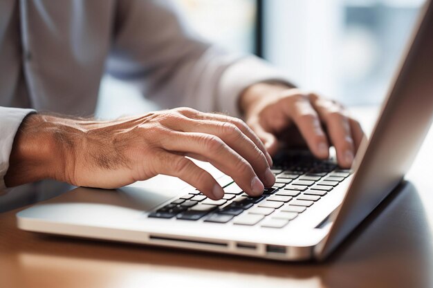 Empresário trabalhando em seu laptop no escritório Mãos de homem digitando no laptop