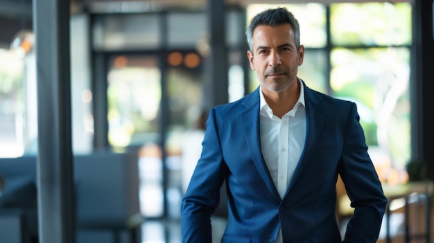 Empresario en traje azul y camisa blanca