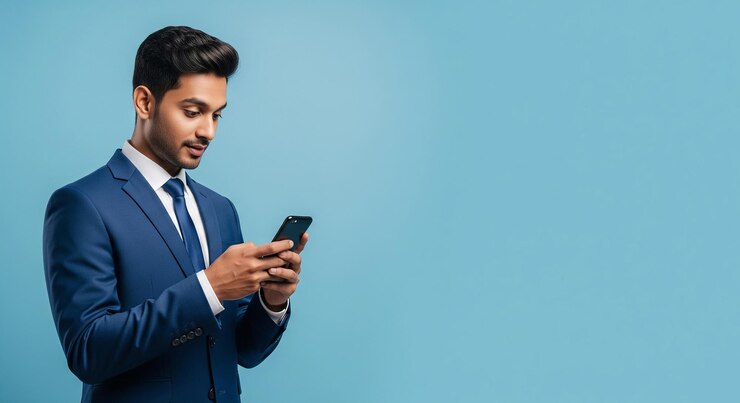 Empresario en traje azul usando el teléfono inteligente