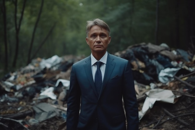 Empresario en traje se encuentra en el bosque de basura Generar Ai