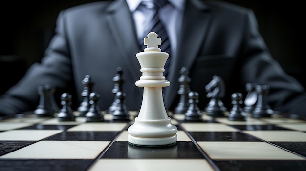 Foto empresario en traje haciendo un movimiento estratégico con una figura de ajedrez en el tablero de ajedres concepto de estrategia de negocios