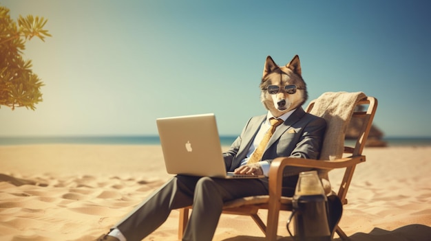 Empresario con traje, su cabeza tiene la forma de un lobo en la silla de playa y trabaja en su computadora portátil
