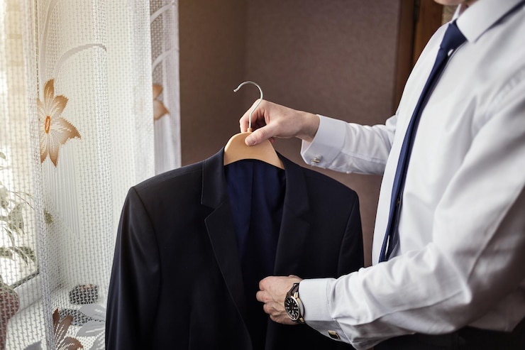 Empresário usa um casaco de mãos masculinas fechadas noivo se preparando de manhã antes da cerimônia de casamento