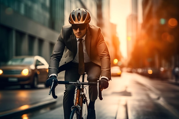 empresário usando capacete andando de bicicleta com bicicleta na estrada na cidade para trabalhar