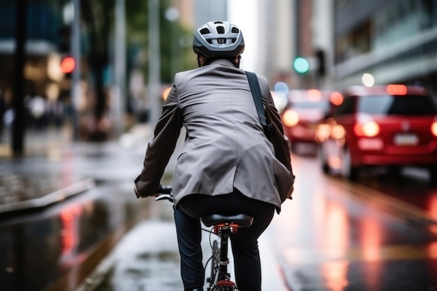 empresário usando capacete andando de bicicleta com bicicleta na estrada na cidade para trabalhar