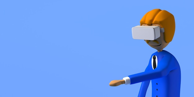 Empresario usando casco de realidad virtual sobre fondo amarillo Copiar espacio Ilustración 3D Dibujos animados