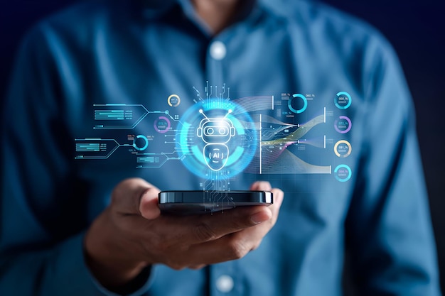 Empresário usando chat bot de tecnologia AI com Inteligência Artificial gera robô de tecnologia futurista em sistema on-line