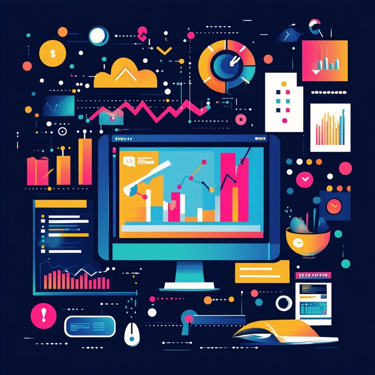 Foto empresario usando una computadora portátil con datos de marketing digital y una publicidad de ia